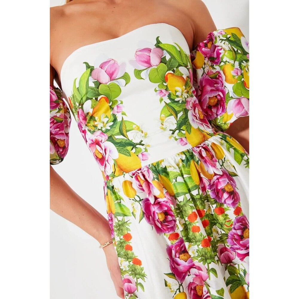 NWT. $1K BORGO DE NOR Pink Juliet Floral Print Off-shoulder Dress SZ 12 white - Picture 6 of 12